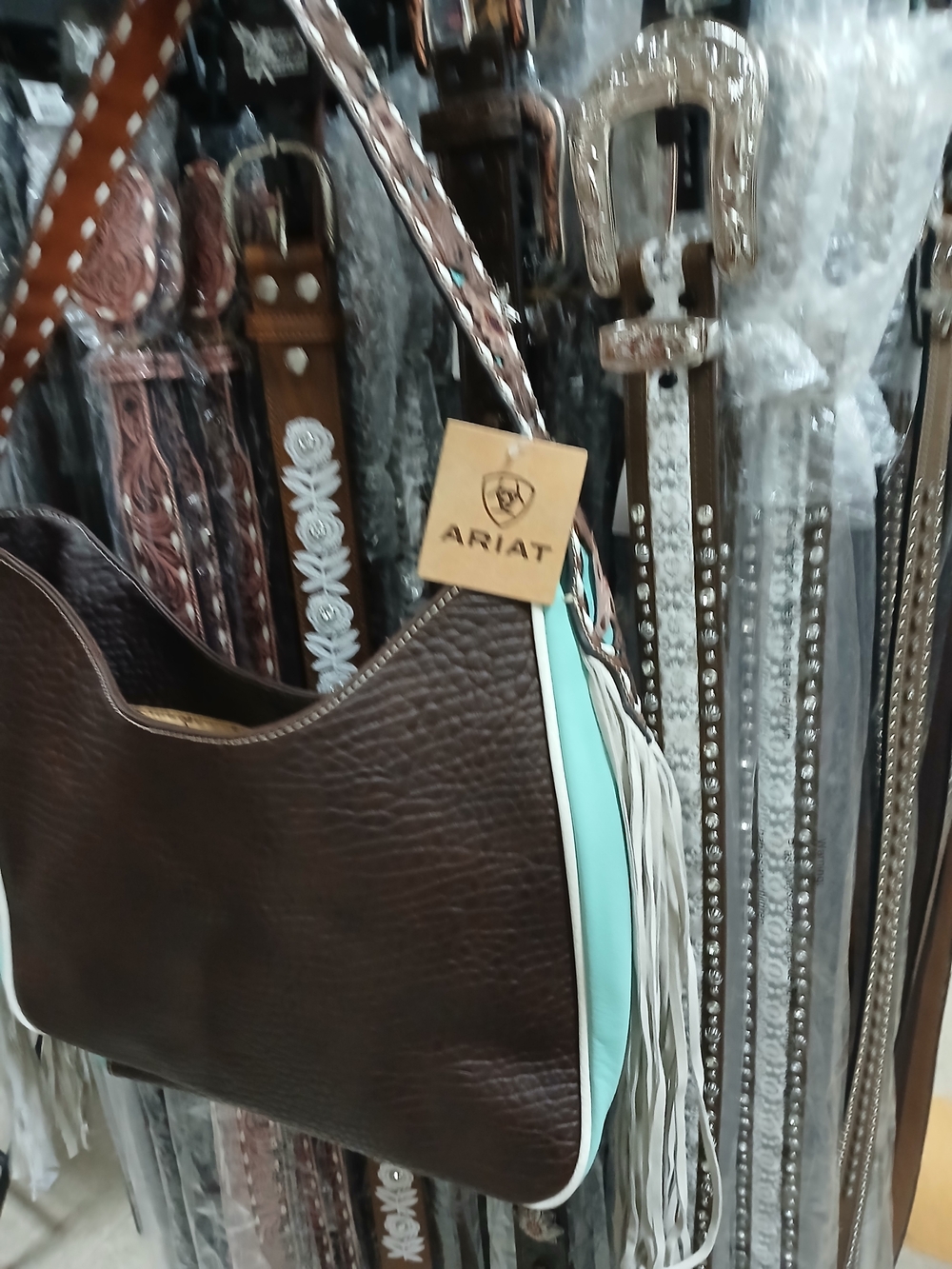 Ariat Brown Leather Hobo with Turquoise Trim and Fringe